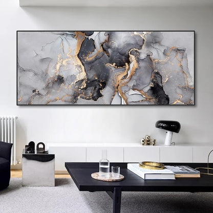 Abstract Grey Golden Liquid Marble Wall Art Canvas Prints Wide Format Pictures For Modern Living Room Decor