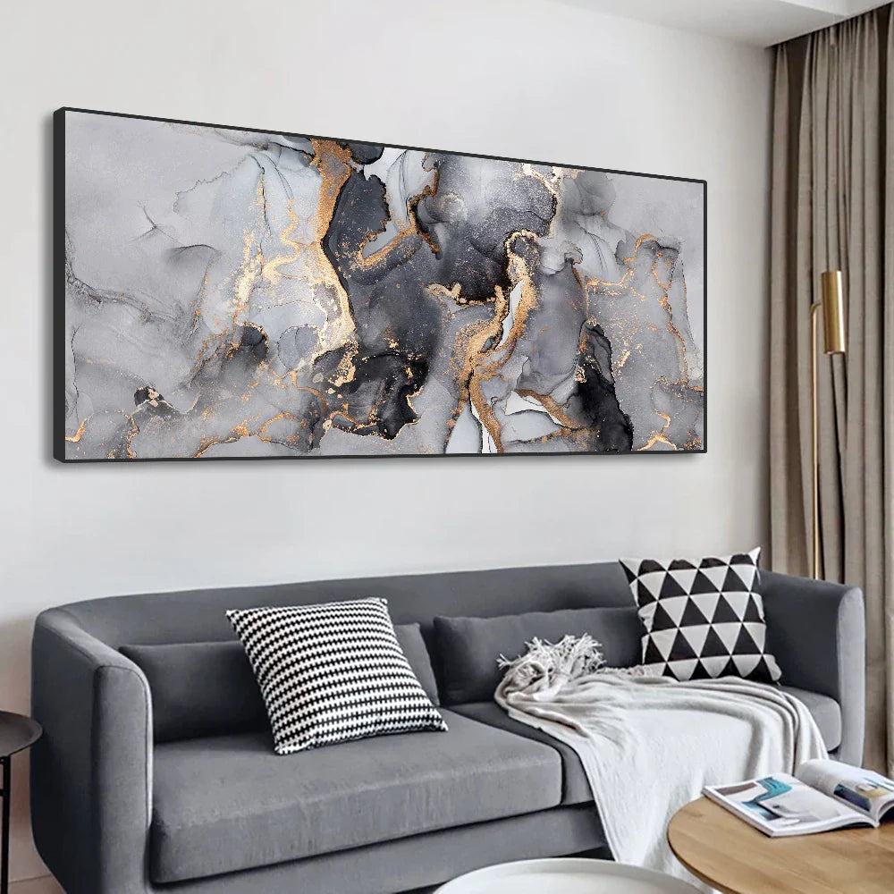 Abstract Grey Golden Liquid Marble Wall Art Canvas Prints Wide Format Pictures For Modern Living Room Decor