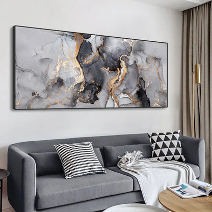 Abstract Grey Golden Liquid Marble Wall Art Canvas Prints Wide Format Pictures For Modern Living Room Decor
