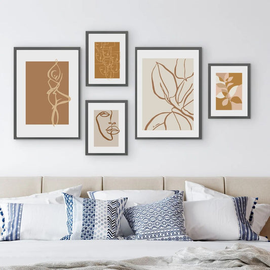 Abstract Boho Hand Drawn Sketch Figure Plants Line Art Canvas Prints Minimalist Neutral Gallery Wall Art Set Of 5 Posters For Modern Living Room Home Decor