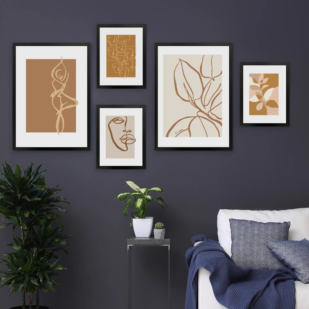 Abstract Boho Hand Drawn Sketch Figure Plants Line Art Canvas Prints Minimalist Neutral Gallery Wall Art Set Of 5 Posters For Modern Living Room Home Decor