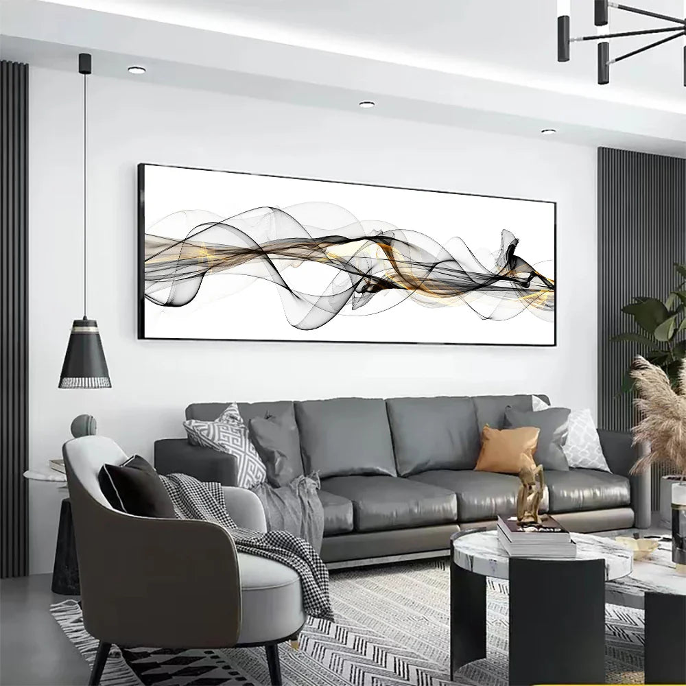 Abstract Flowing Lines Minimalist Wall Art Canvas Print Wide Format Picture For Modern Apartment Decor
