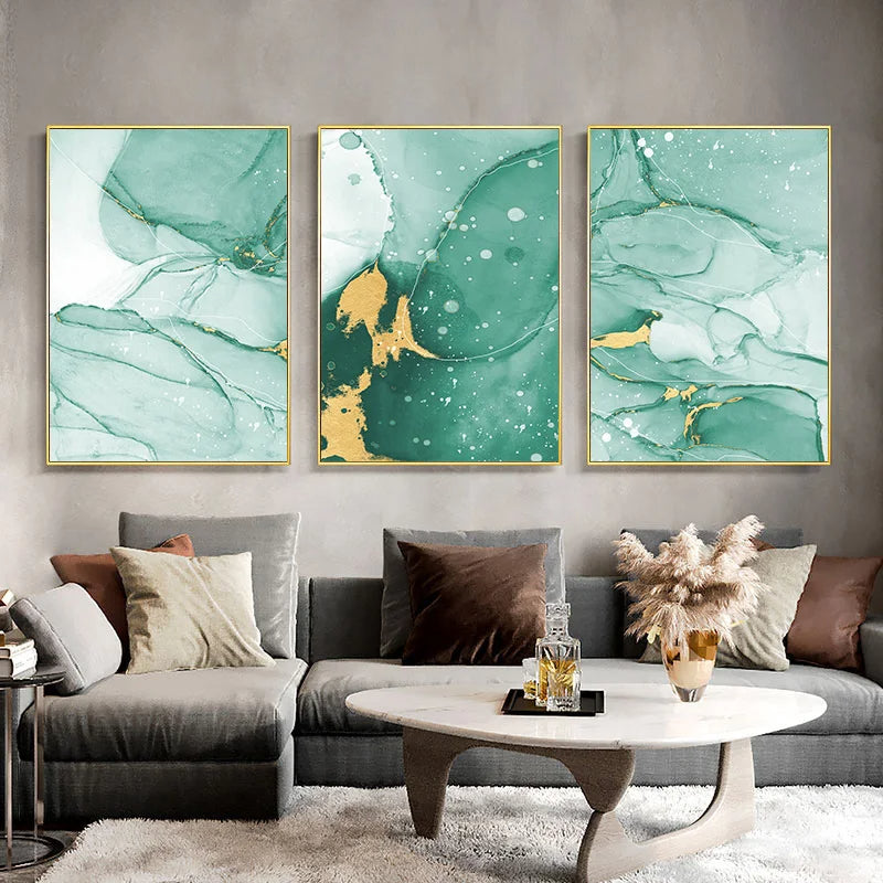 Abstract Green Golden Marble Watercolor Wall Art Canvas Prints Pictures For Modern Loft Living Room Hotel Wall Decor