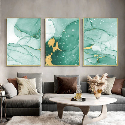 Abstract Green Golden Marble Watercolor Wall Art Canvas Prints Pictures For Modern Loft Living Room Hotel Wall Decor