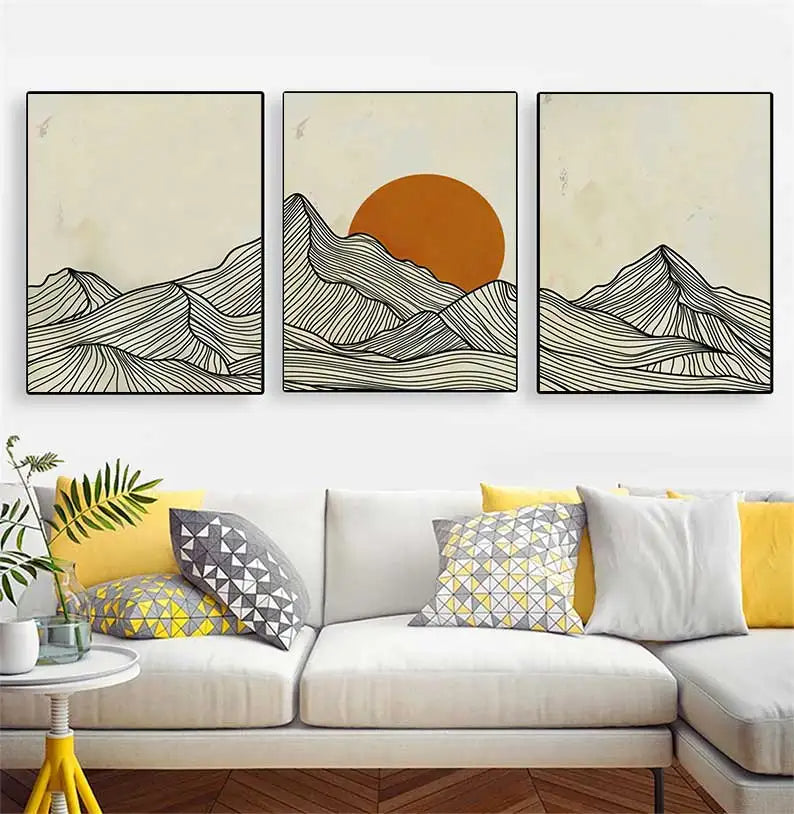 Abstract Minimalist Sun Mountain Line Wall Art Canvas Print For Scandinavian Modern Living Room