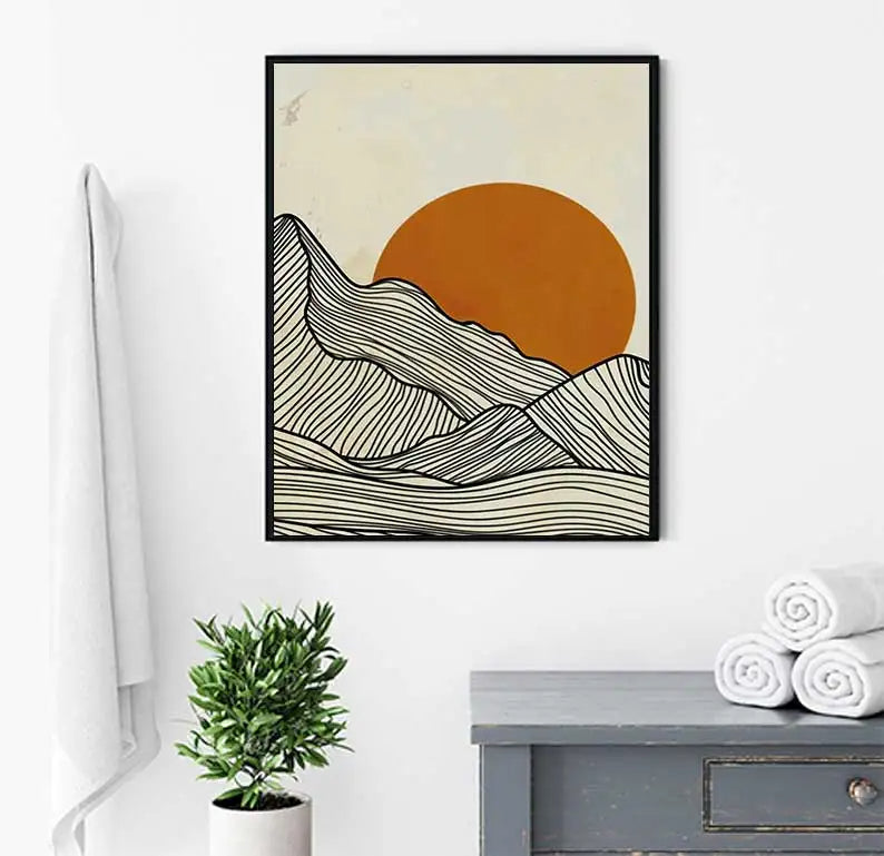Abstract Minimalist Sun Mountain Line Wall Art Canvas Print For Scandinavian Modern Living Room