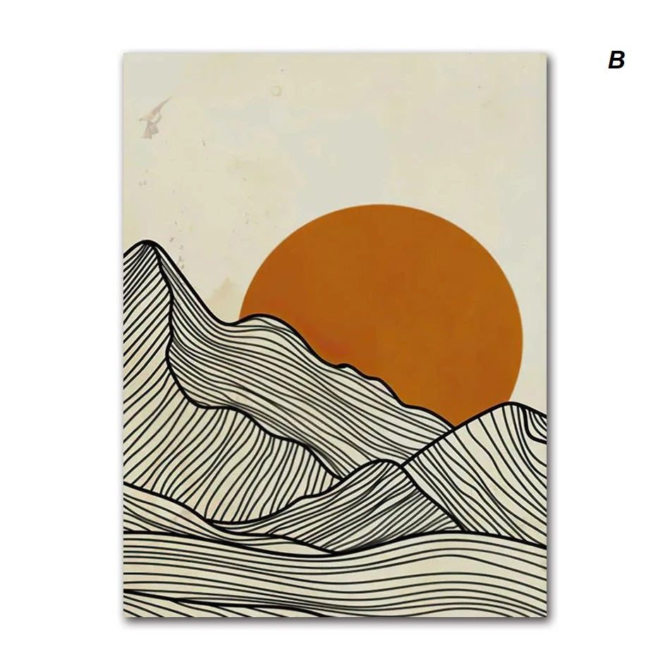 Abstract Minimalist Sun Mountain Line Wall Art Canvas Print For Scandinavian Modern Living Room