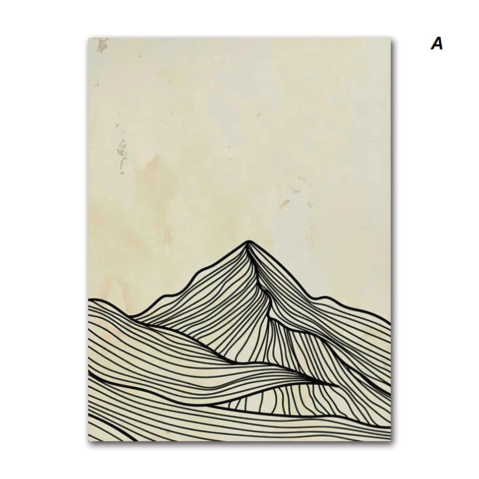 Abstract Minimalist Sun Mountain Line Wall Art Canvas Print For Scandinavian Modern Living Room