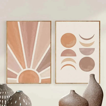 Abstract Boho Sun Rays Moon Phases Wall Art Canvas Prints For Modern Living Room Bedroom Art Decor