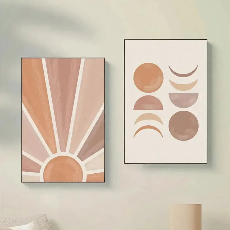 Abstract Boho Sun Rays Moon Phases Wall Art Canvas Prints For Modern Living Room Bedroom Art Decor