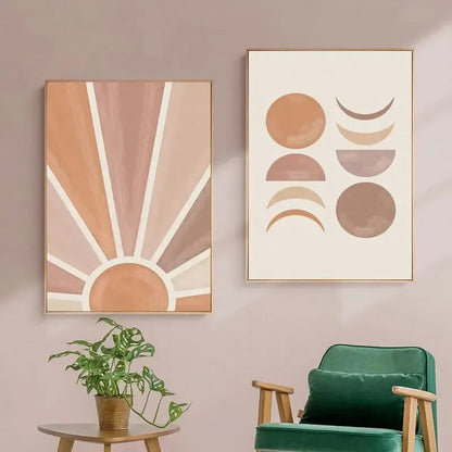 Abstract Boho Sun Rays Moon Phases Wall Art Canvas Prints For Modern Living Room Bedroom Art Decor