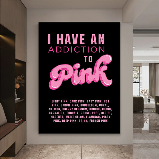 Aesthetic Black Addiction To Pink Quote Wall Art Canvas Print Pink Fine Art For Modern Girl Living Room Bedroom Refresh