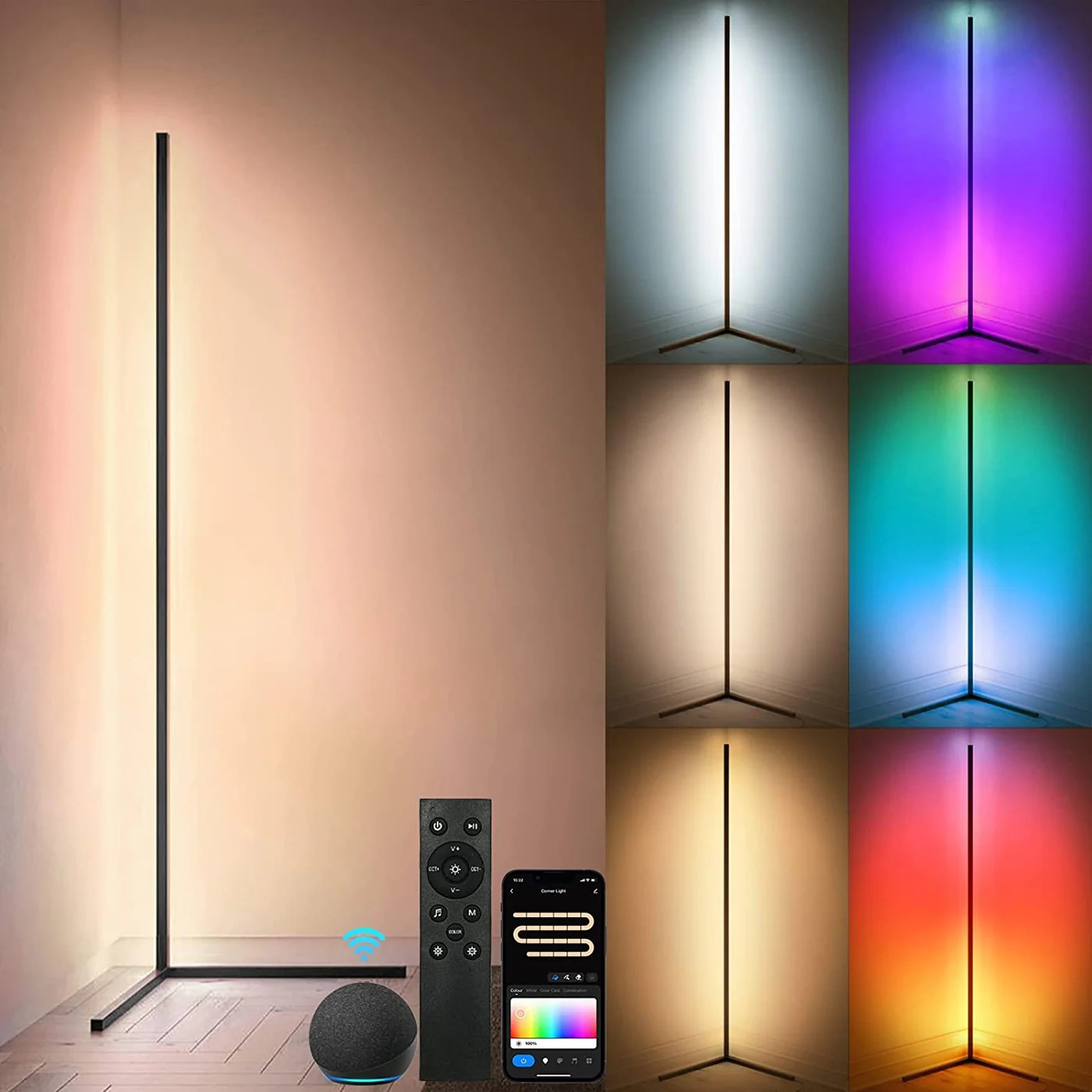 Modern floor lamp with color-changing capabilities and remote control on a wooden floor.