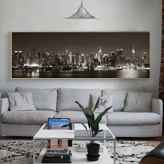 New York Nights Cityscape Wall Art Canvas Prints Wide Format Landscape Poster For Above The Sofa Wall Decor