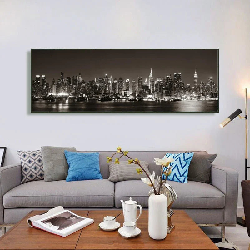 New York Nights Cityscape Wall Art Canvas Prints Wide Format Landscape Poster For Above The Sofa Wall Decor