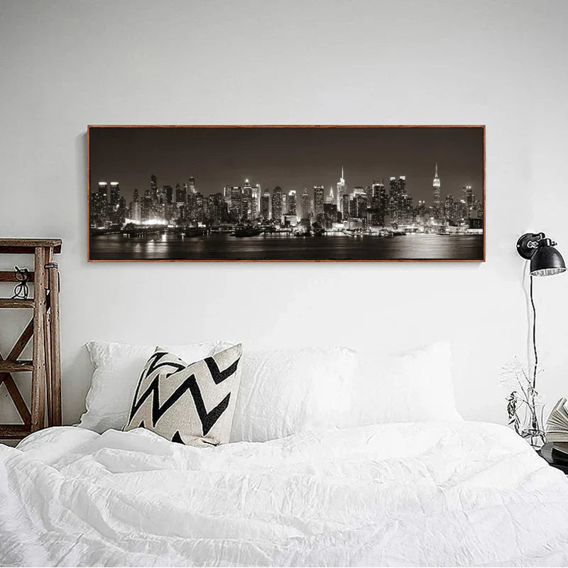 New York Nights Cityscape Wall Art Canvas Prints Wide Format Landscape Poster For Above The Sofa Wall Decor