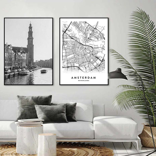 Amsterdam City Map Black White Wall Art Canvas Print Travel Poster For Living Room Dining Room Home Office Decor