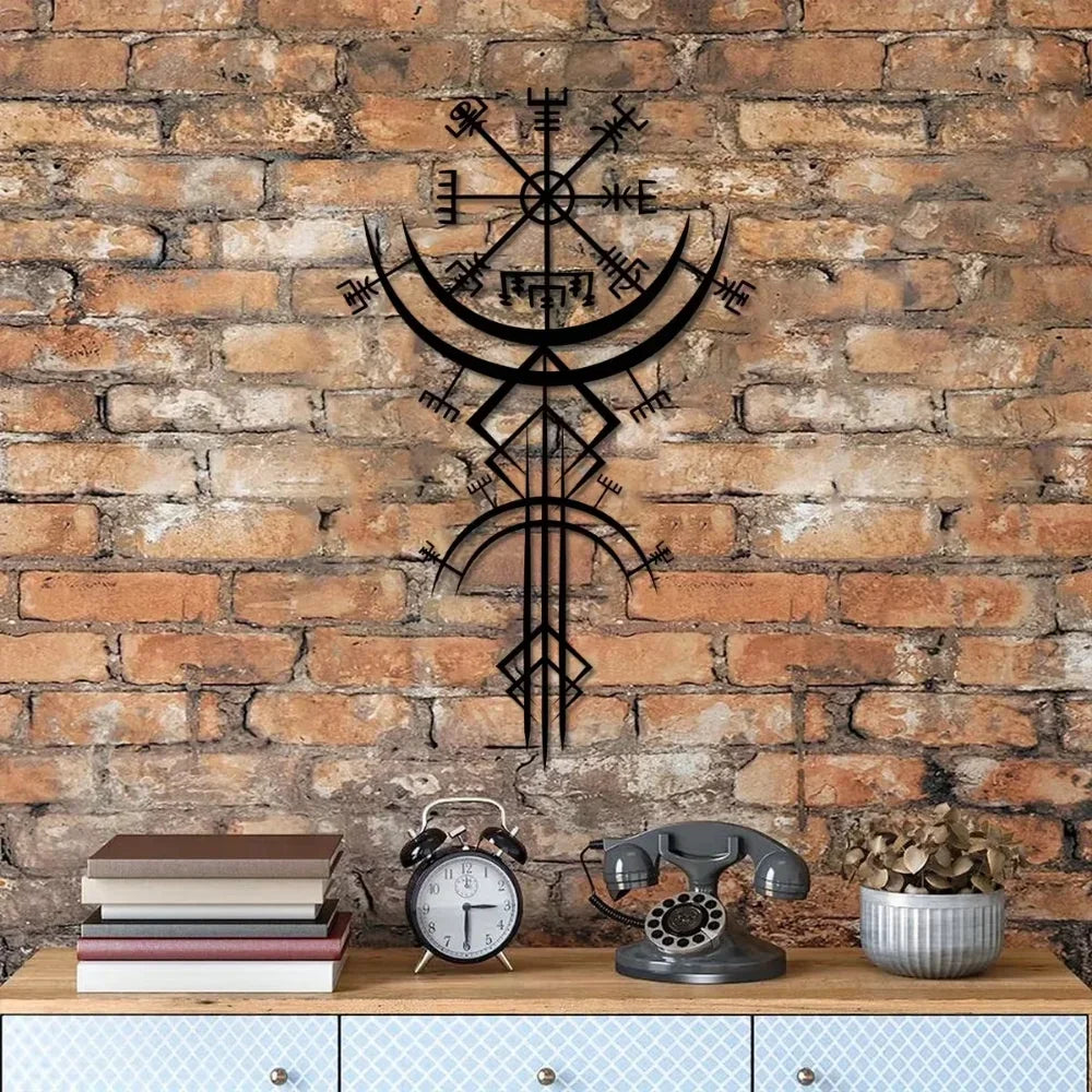 Ancient Viking Runic Compass Metal Wall Art Decorative Plaque 3D Iron Crafted Mythological Wall Decoration