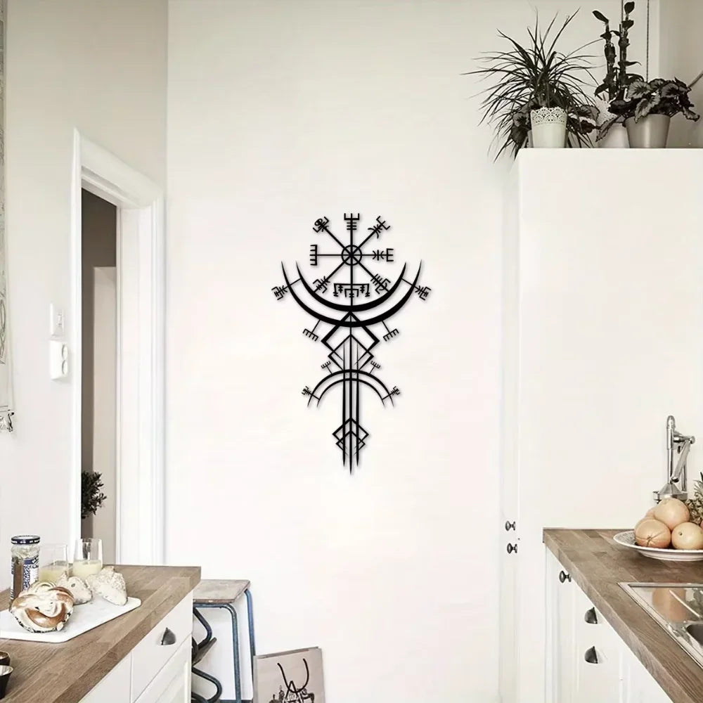 Ancient Viking Runic Compass Metal Wall Art Decorative Plaque 3D Iron Crafted Mythological Wall Decoration