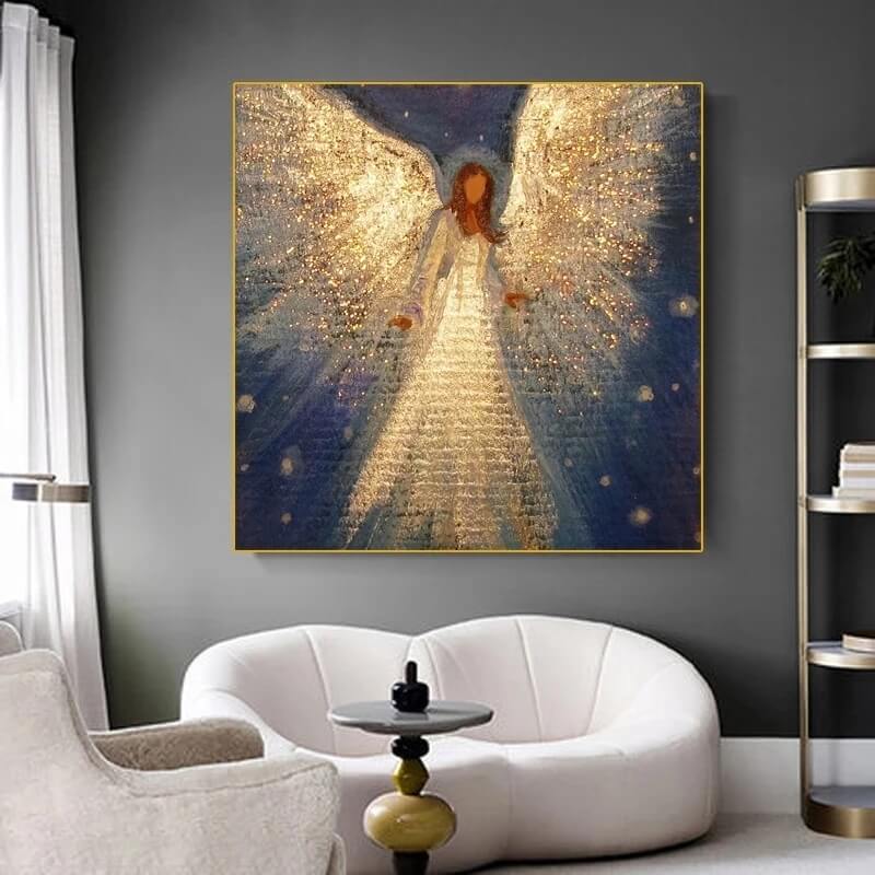 Angel Girl with Golden Wings Canvas Print Fine Art Abstract Nordic Wall Art Golden Poster For Living Room Décor