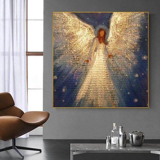Angel Girl with Golden Wings Canvas Print Fine Art Abstract Nordic Wall Art Golden Poster For Living Room Décor