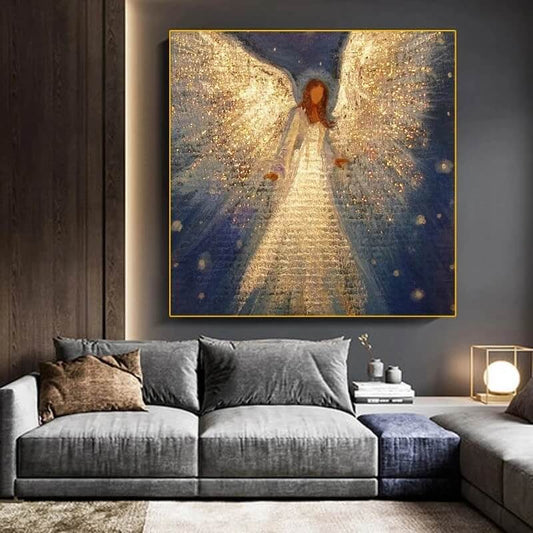 Angel Girl with Golden Wings Canvas Print Fine Art Abstract Nordic Wall Art Golden Poster For Living Room Décor
