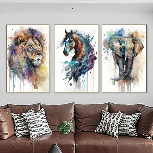 Watercolor Lion Horse Panda Elephant Canvas Prints Minimalist Wildlife Wall Art Animals Picture For Modern Living Room Children Room Home Décor