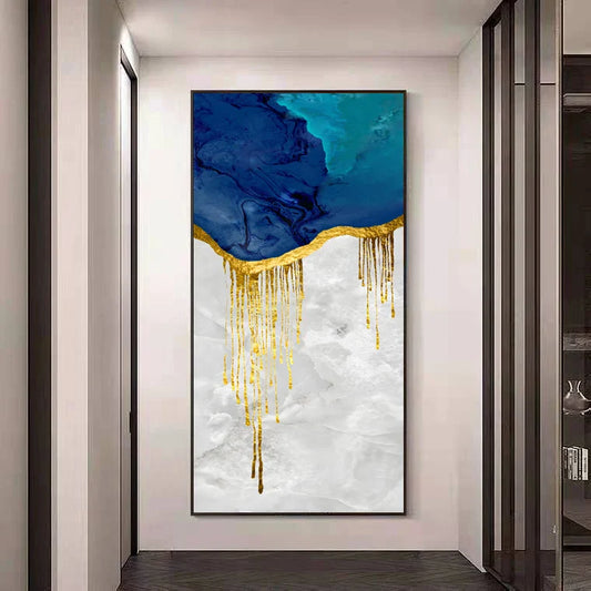 Aqua Blue Liquid Golden Wall Art Canvas Print Vertical Format Poster For Living Room Bedroom Modern Wall Art Interiors