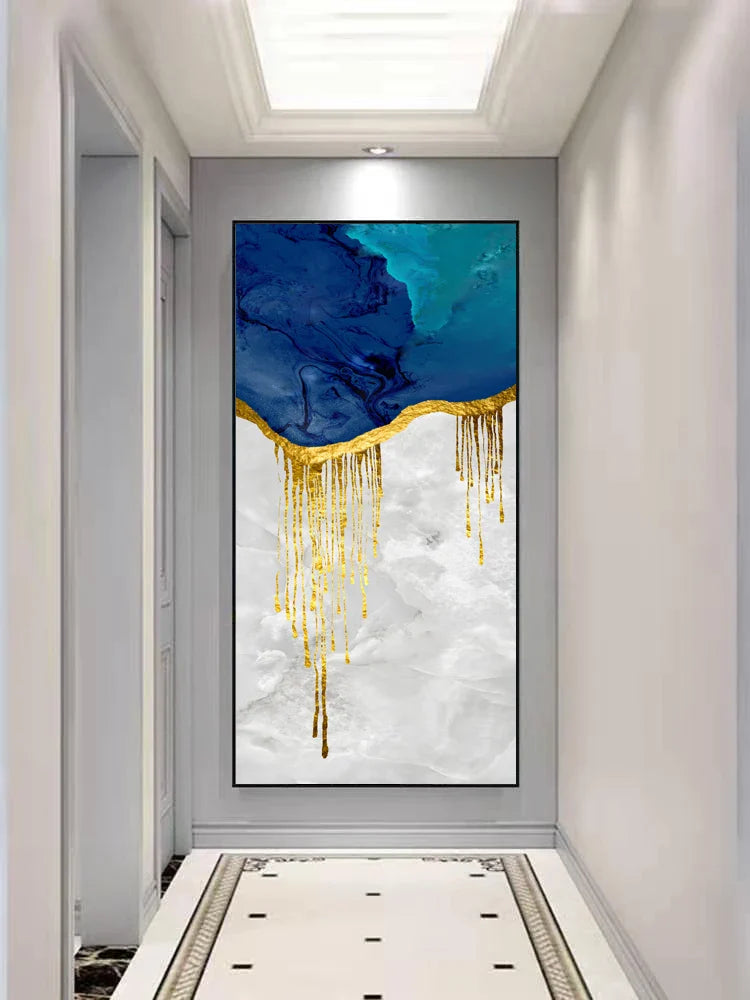 Aqua Blue Liquid Golden Wall Art Canvas Print Vertical Format Poster For Living Room Bedroom Modern Wall Art Interiors