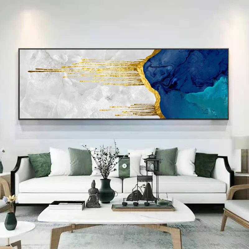 Aqua Blue Liquid Golden Wall Art Canvas Print Vertical Format Poster For Living Room Bedroom Modern Wall Art Interiors