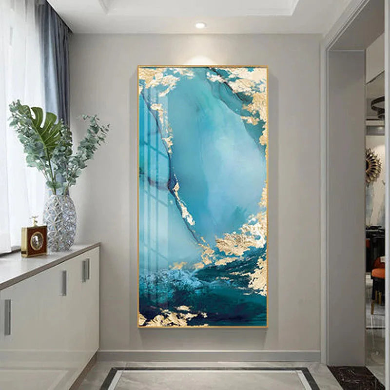 Aqua Green Golden Marble Wall Art Canvas Print For Luxury Loft Living Room Modern Art Decor