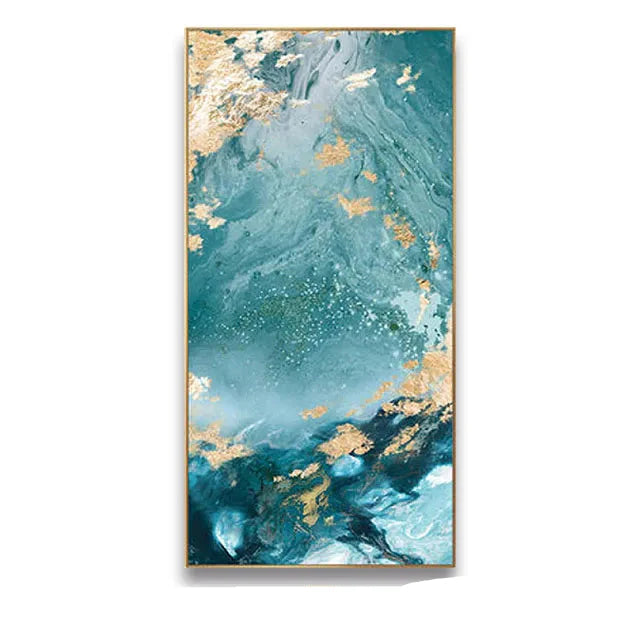 Aqua Green Golden Marble Wall Art Canvas Print For Luxury Loft Living Room Modern Art Decor