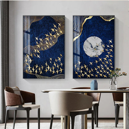 Abstract Auspicious Golden Fish Deep Blue Wall Art Fine Art Canvas Prints For Home Office Boutique Hotel Art Decor