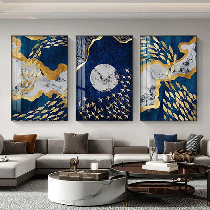 Abstract Auspicious Golden Fish Deep Blue Wall Art Fine Art Canvas Prints For Home Office Boutique Hotel Art Decor