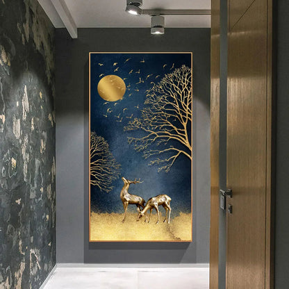 Auspicious Abstract Golden Deer In The Moonlight Wall Art Canvas Prints For Foyer Living Room Wall Decor