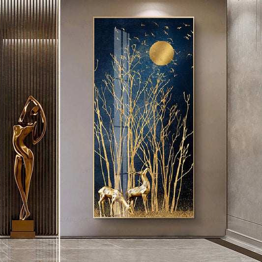 Auspicious Abstract Golden Deer In The Moonlight Wall Art Canvas Prints For Foyer Living Room Wall Decor