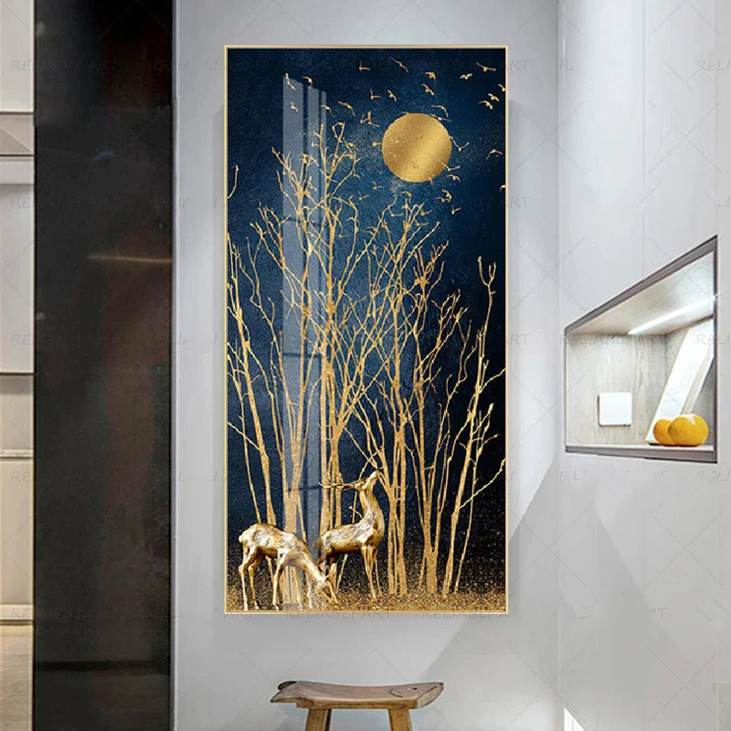 Auspicious Abstract Golden Deer In The Moonlight Wall Art Canvas Prints For Foyer Living Room Wall Decor