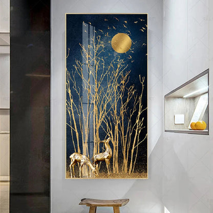 Auspicious Abstract Golden Deer In The Moonlight Wall Art Canvas Prints For Foyer Living Room Wall Decor