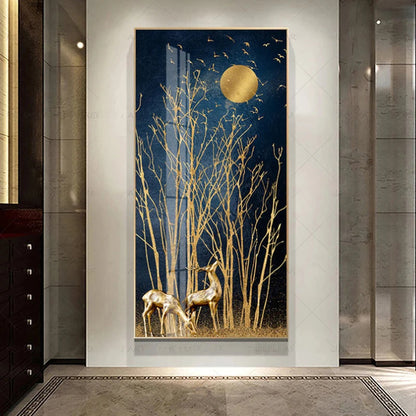 Auspicious Abstract Golden Deer In The Moonlight Wall Art Canvas Prints For Foyer Living Room Wall Decor