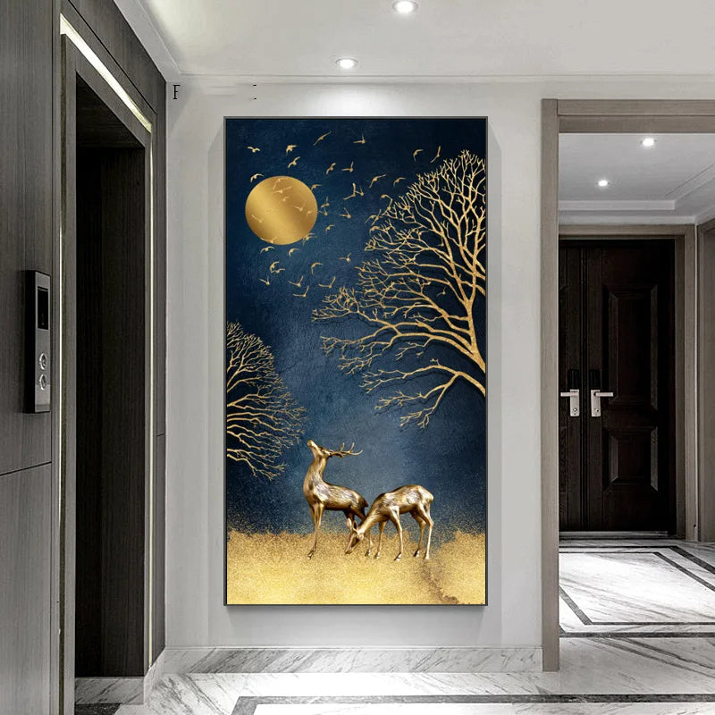 Auspicious Abstract Golden Deer In The Moonlight Wall Art Canvas Prints For Foyer Living Room Wall Decor