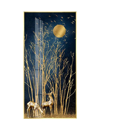 Auspicious Abstract Golden Deer In The Moonlight Wall Art Canvas Prints For Foyer Living Room Wall Decor