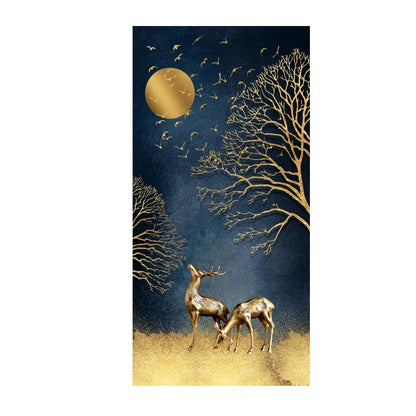 Auspicious Abstract Golden Deer In The Moonlight Wall Art Canvas Prints For Foyer Living Room Wall Decor