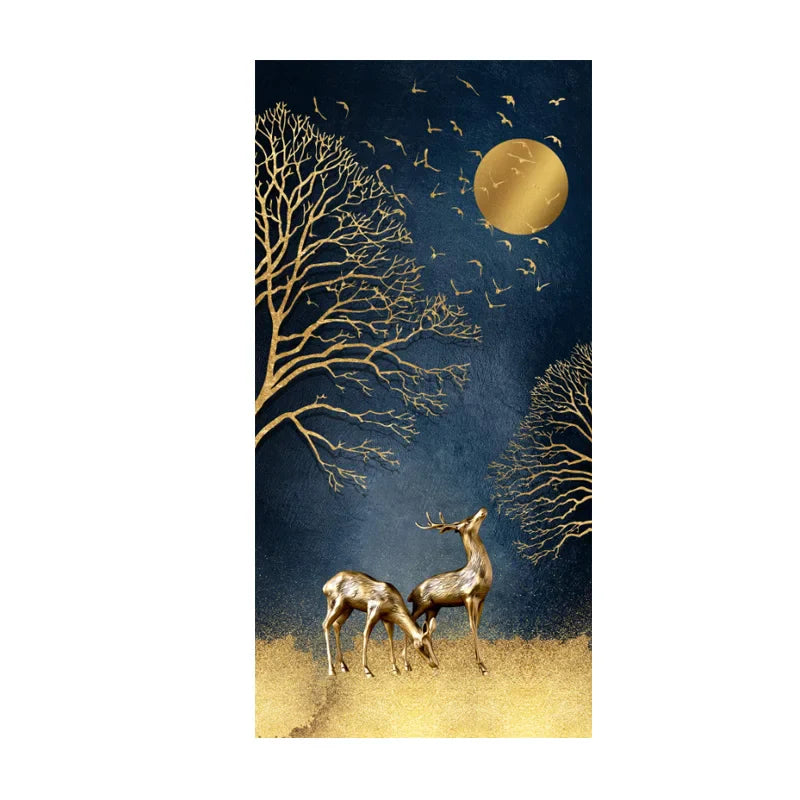 Auspicious Abstract Golden Deer In The Moonlight Wall Art Canvas Prints For Foyer Living Room Wall Decor