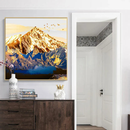Auspicious Golden Mountain Landscape Wall Art Canvas Print Square Format Poster For Living Room Office Art Decor