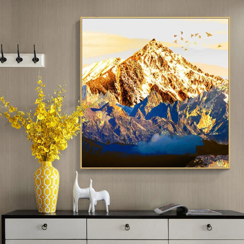 Auspicious Golden Mountain Landscape Wall Art Canvas Print Square Format Poster For Living Room Office Art Decor