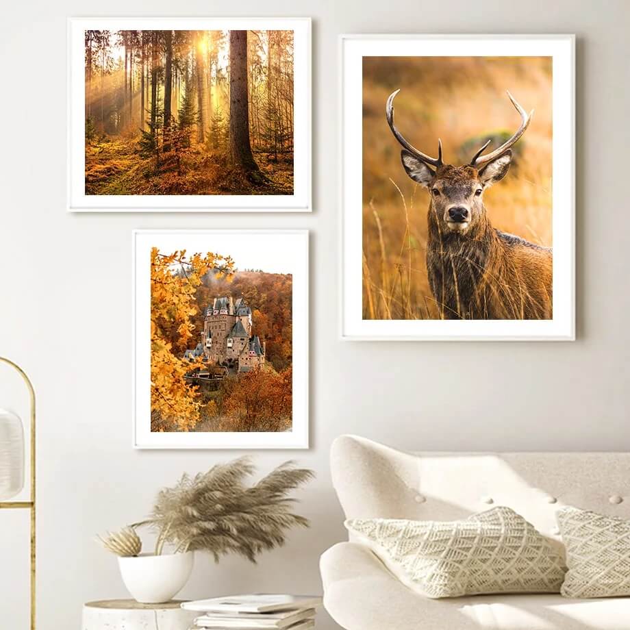 Autumn Forest Deer Pumpkin Leaves Road Wall Art Nordic Poster Fall Nature Large Canvas Prints Wilderness Pictures For Living Room Home Décor