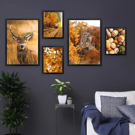 Autumn Forest Deer Pumpkin Leaves Road Wall Art Canvas Prints Nordic Fall Nature Wilderness Poster Gallery Wall Art Set Of 5 Posters For Rustic Living Room Home Decor