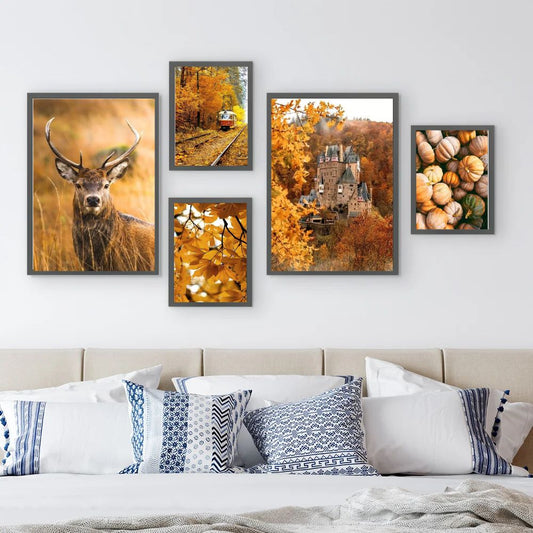 Autumn Forest Deer Pumpkin Leaves Road Wall Art Canvas Prints Nordic Fall Nature Wilderness Poster Gallery Wall Art Set Of 5 Posters For Rustic Living Room Home Decor