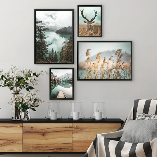 Autumn Panoramic Landscape Canvas Print Nordic Elk Hill Green Lake Wilderness Posters Gallery Wall Art Set Of 4 Posters For Modern Living Room Home Decor