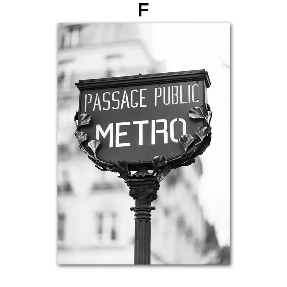 Poster of Black and white photo of a 'Passage Public Metro' sign with blurred background